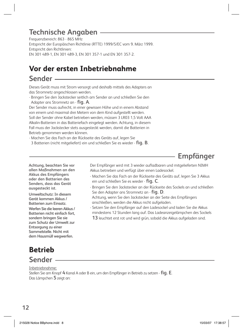 Technische angaben, Vor der ersten inbetriebnahme sender, Empfänger | Betrieb sender | Groupe SEB USA - T-FAL VEILLE BB User Manual | Page 10 / 26