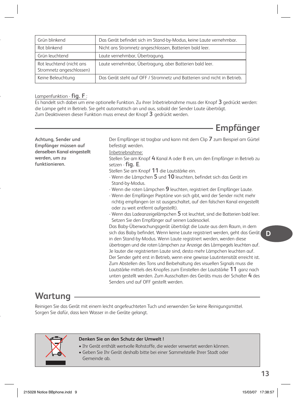 Änger, Empfänger, Wartung | Groupe SEB USA - T-FAL VEILLE BB User Manual | Page 11 / 26