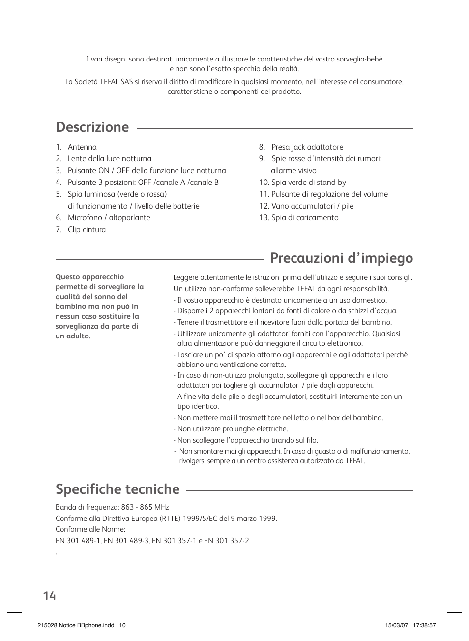 Descrizione, Precauzioni d’impiego, Specifiche tecniche | Groupe SEB USA - T-FAL VEILLE BB User Manual | Page 12 / 26