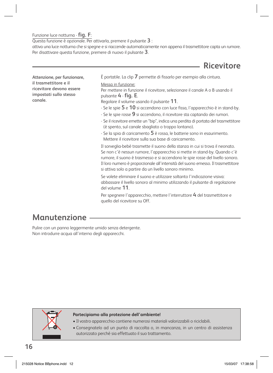 Ricevitore, Manutenzione | Groupe SEB USA - T-FAL VEILLE BB User Manual | Page 14 / 26