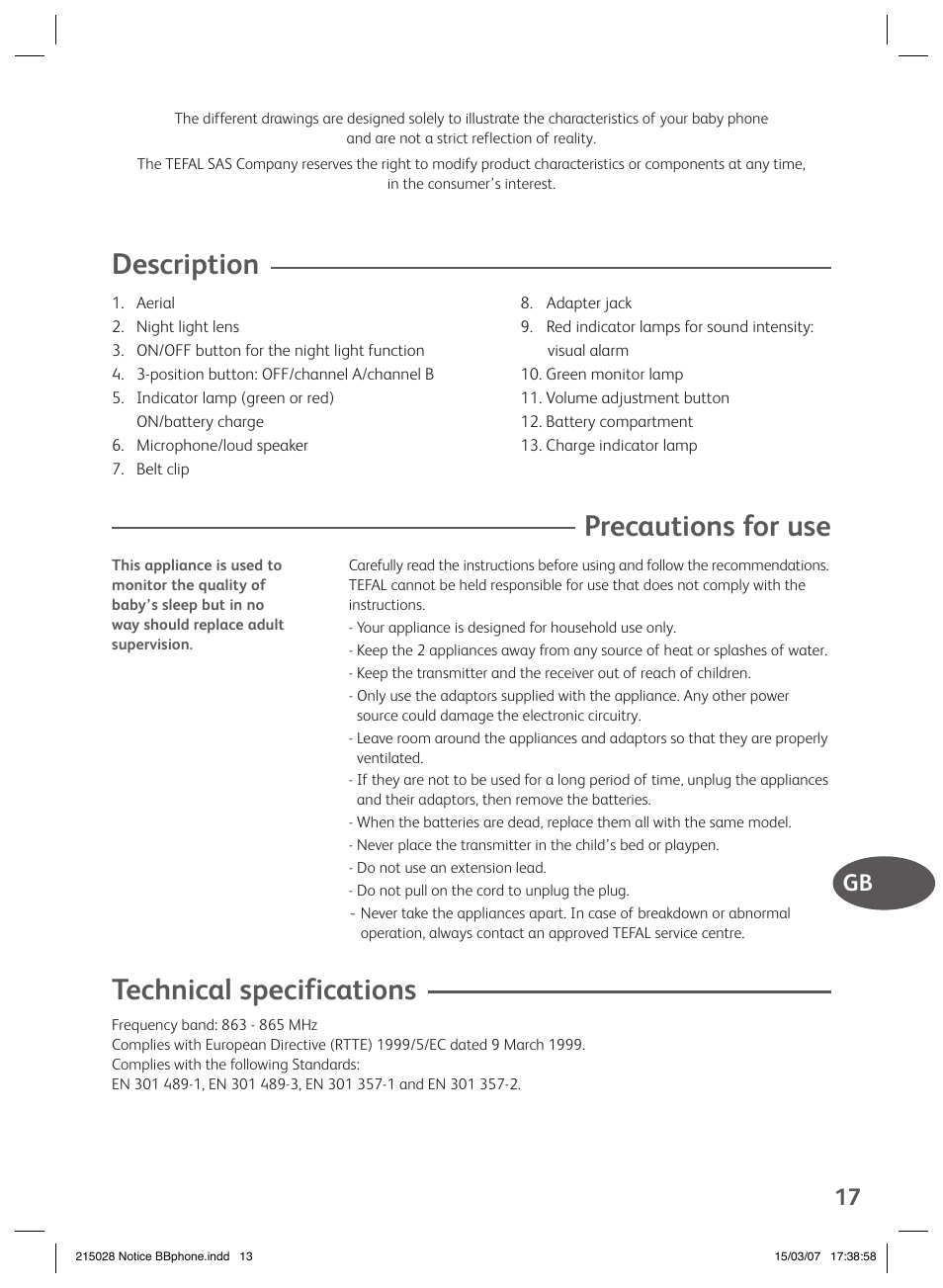 Description, Precautions for use, Technical specifications | Gb 17 | Groupe SEB USA - T-FAL VEILLE BB User Manual | Page 15 / 26