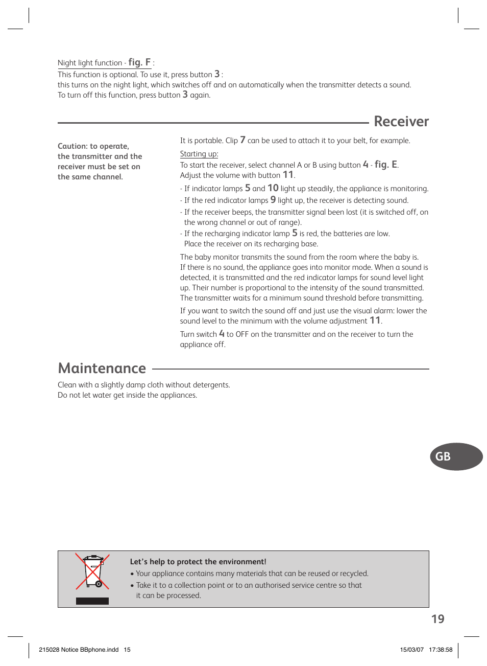 Receiver, Maintenance | Groupe SEB USA - T-FAL VEILLE BB User Manual | Page 17 / 26