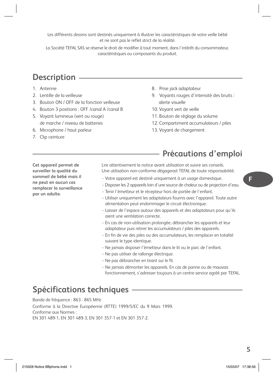 Description, Précautions d’emploi, Spécifications techniques | Groupe SEB USA - T-FAL VEILLE BB User Manual | Page 3 / 26
