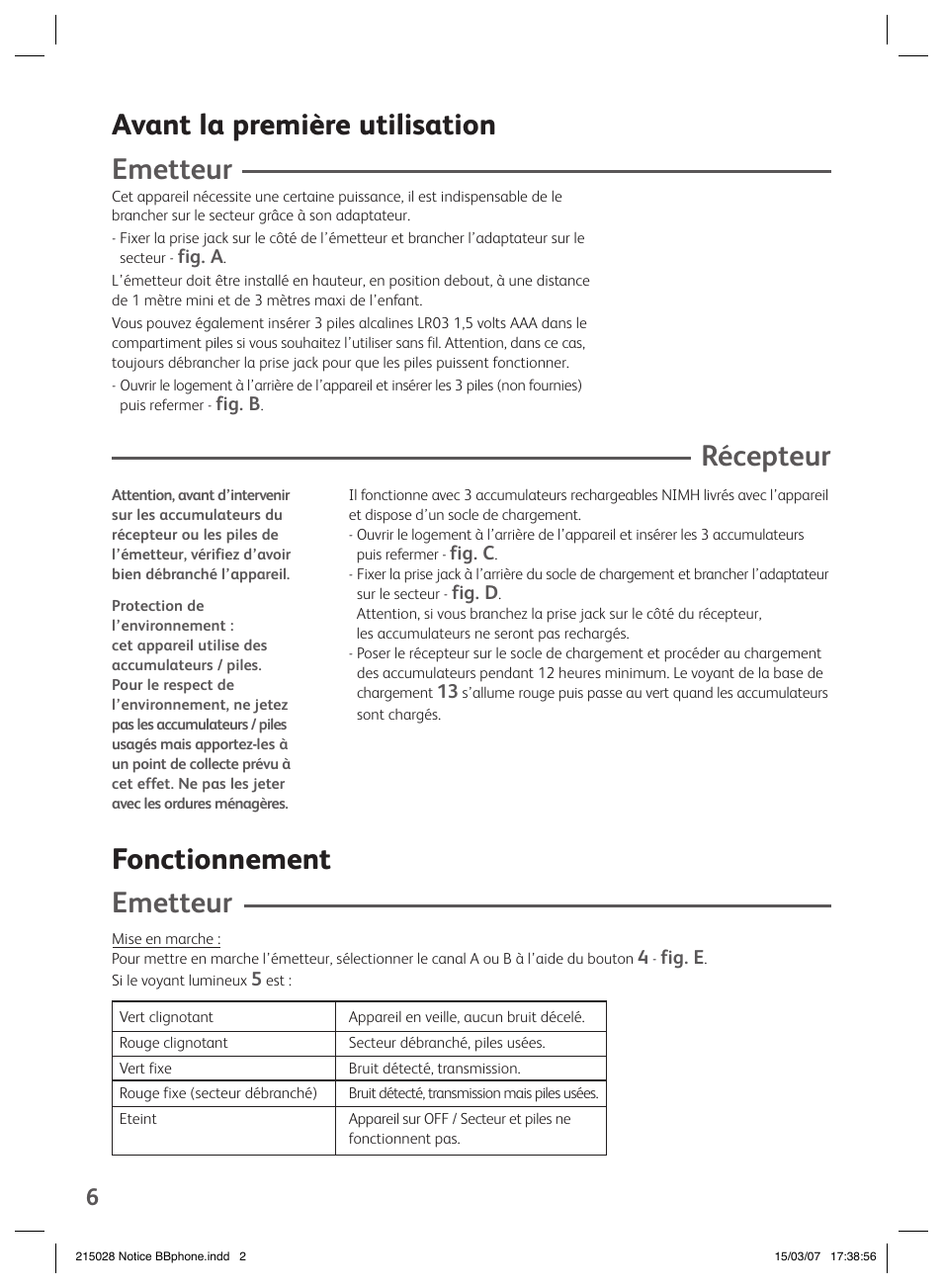 Avant la première utilisation emetteur, Récepteur, Fonctionnement emetteur | Groupe SEB USA - T-FAL VEILLE BB User Manual | Page 4 / 26
