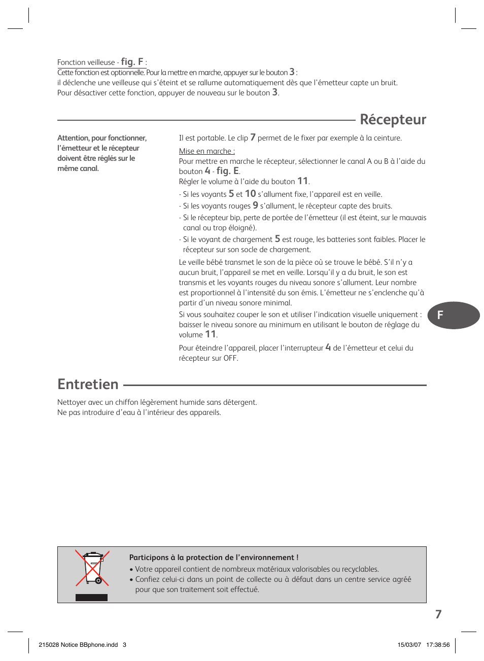 Récepteur, Entretien | Groupe SEB USA - T-FAL VEILLE BB User Manual | Page 5 / 26