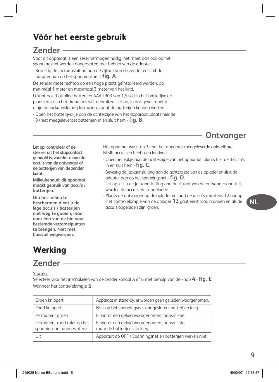 Vóór het eerste gebruik zender, Ontvanger, Werking zender | Nl 9 | Groupe SEB USA - T-FAL VEILLE BB User Manual | Page 7 / 26