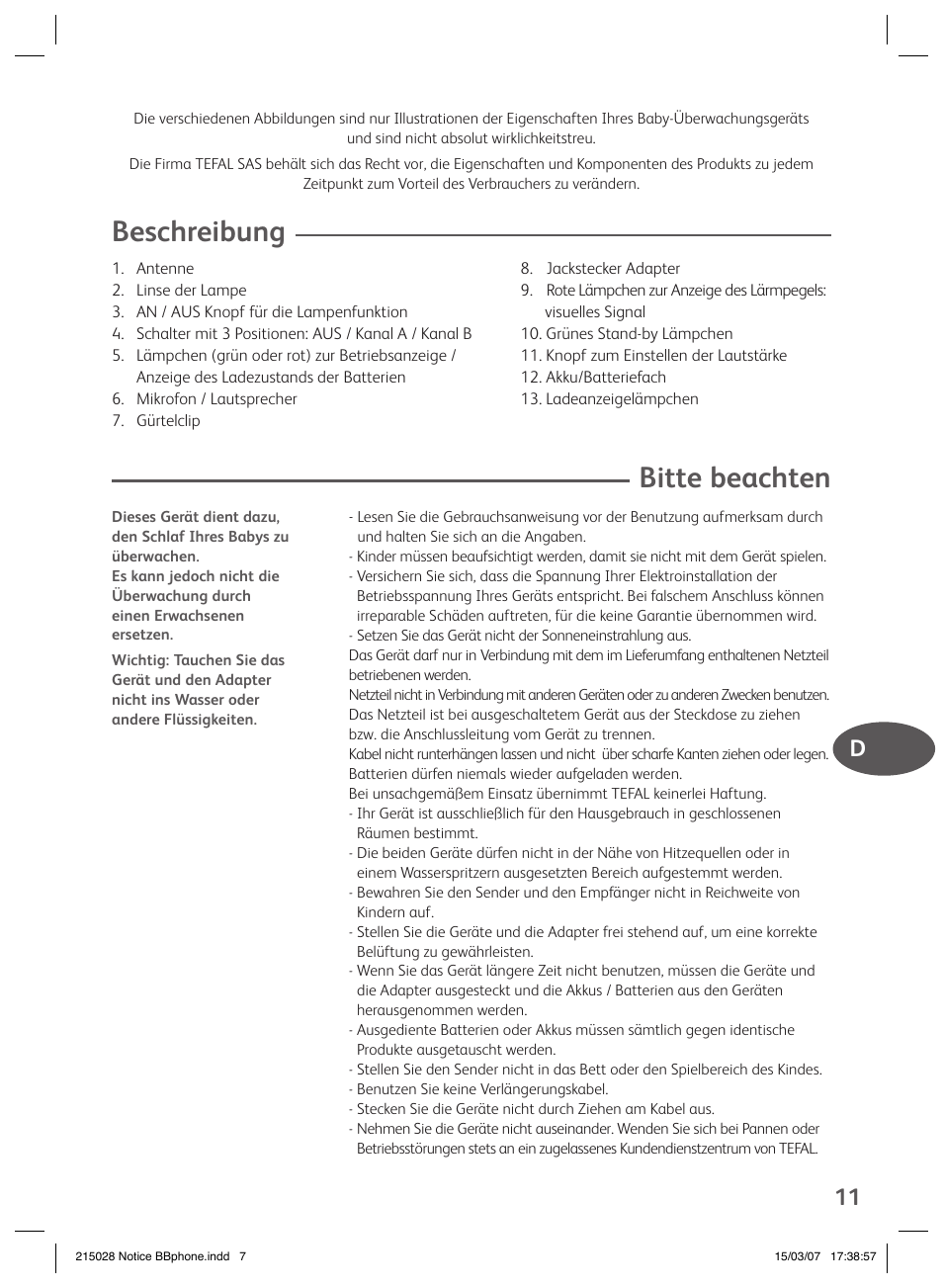 Beschreibung, Bitte beachten | Groupe SEB USA - T-FAL VEILLE BB User Manual | Page 9 / 26