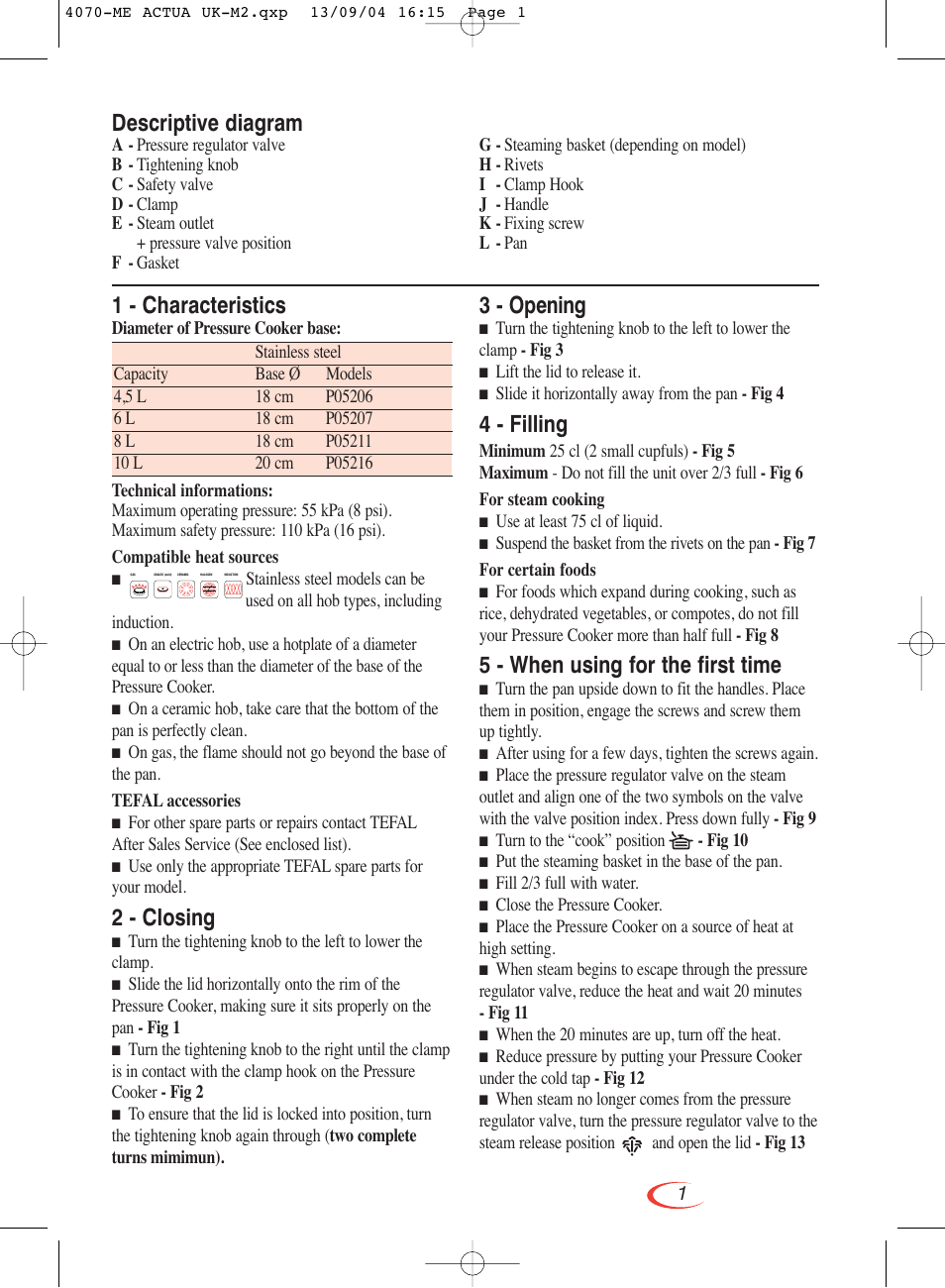 1 - characteristics, 2 - closing, 3 - opening | 4 - filling, 5 - when using for the first time, Descriptive diagram | Groupe SEB USA - T-FAL Actua Pressure Cooker User Manual | Page 6 / 9