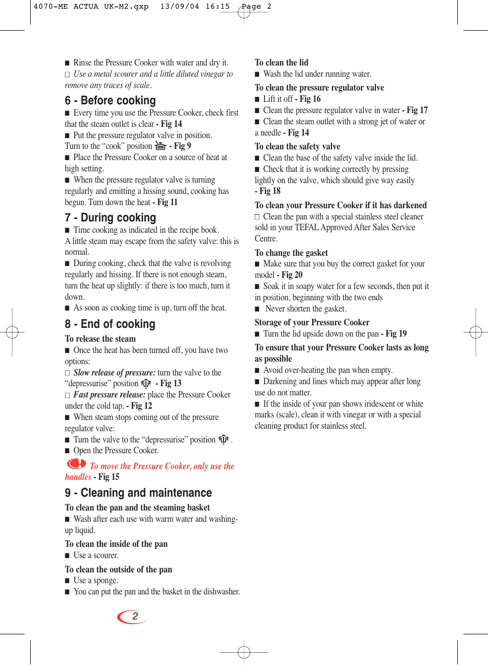 6 - before cooking, 7 - during cooking, 8 - end of cooking | 9 - cleaning and maintenance | Groupe SEB USA - T-FAL Actua Pressure Cooker User Manual | Page 7 / 9