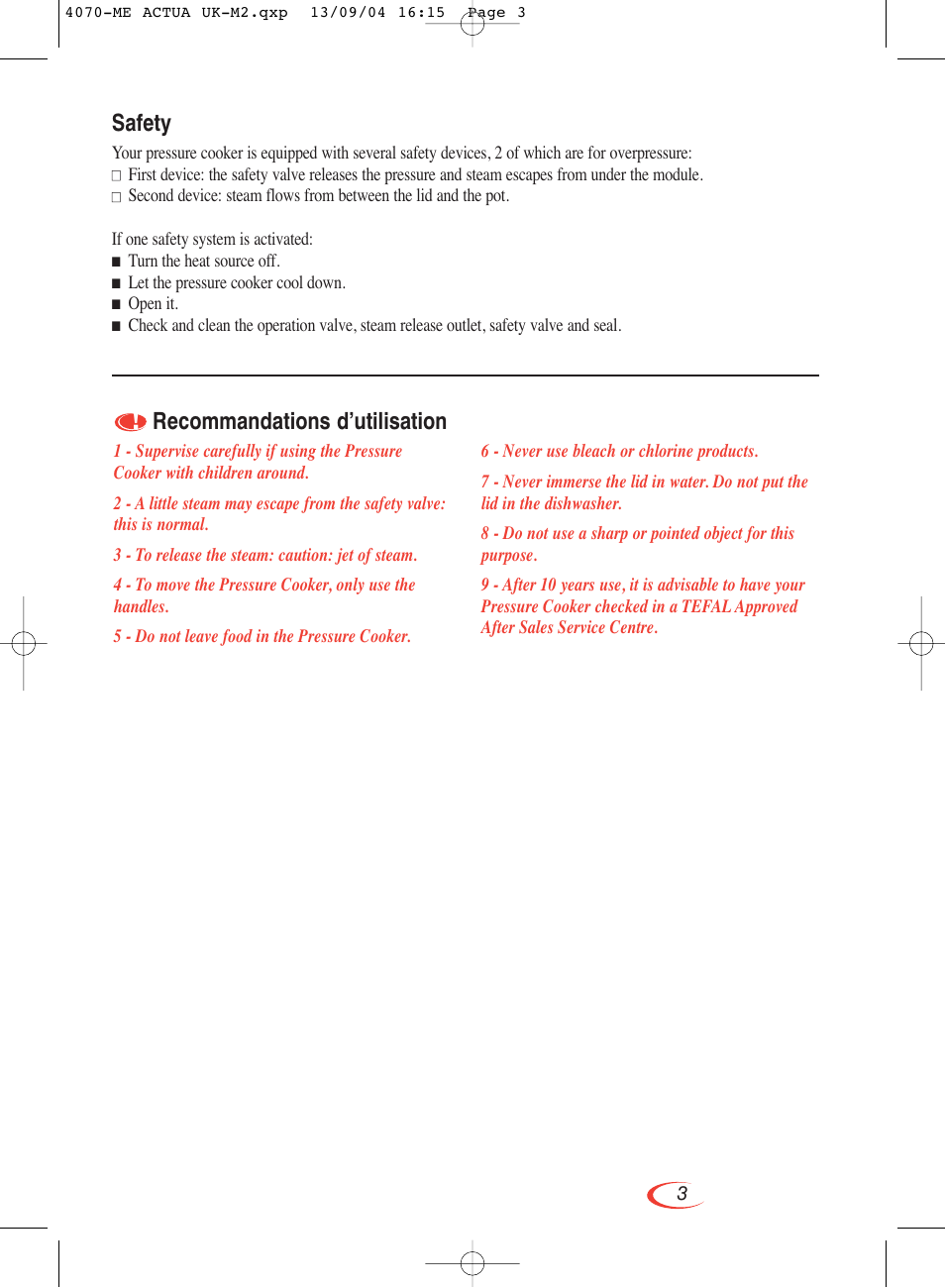 Recommandations d’utilisation, Safety | Groupe SEB USA - T-FAL Actua Pressure Cooker User Manual | Page 8 / 9