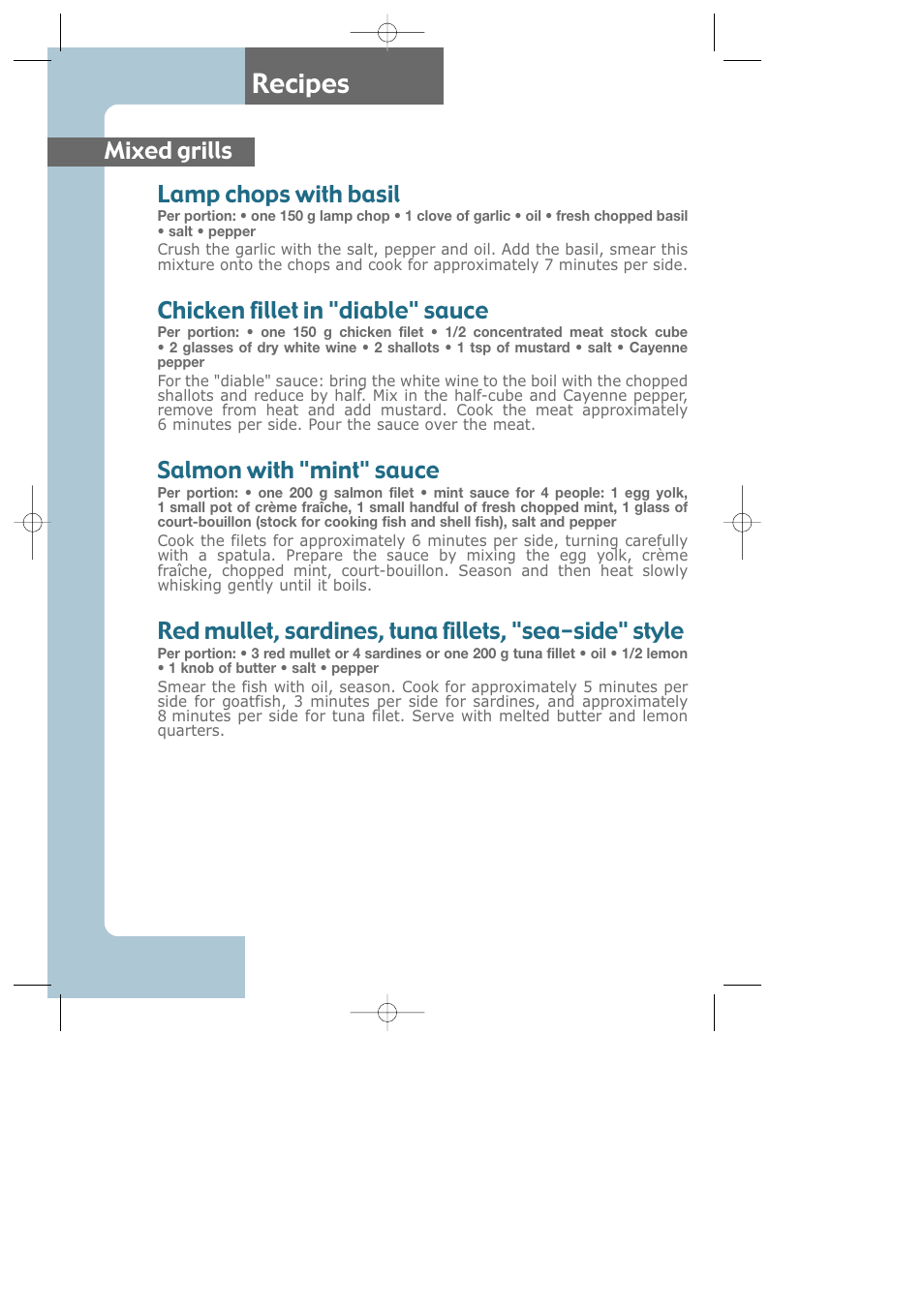 Recipes, Mixed grills lamp chops with basil, Chicken fillet in "diable" sauce | Salmon with "mint" sauce | Groupe SEB USA - T-FAL Electric Grill CB6010 User Manual | Page 15 / 26