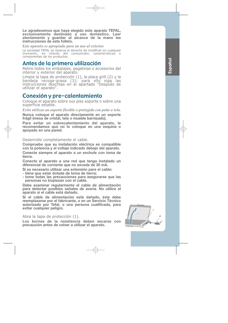 Spanish, Antes de la primera utilización, Conexión y pre-calentamiento | Groupe SEB USA - T-FAL Electric Grill CB6010 User Manual | Page 18 / 26