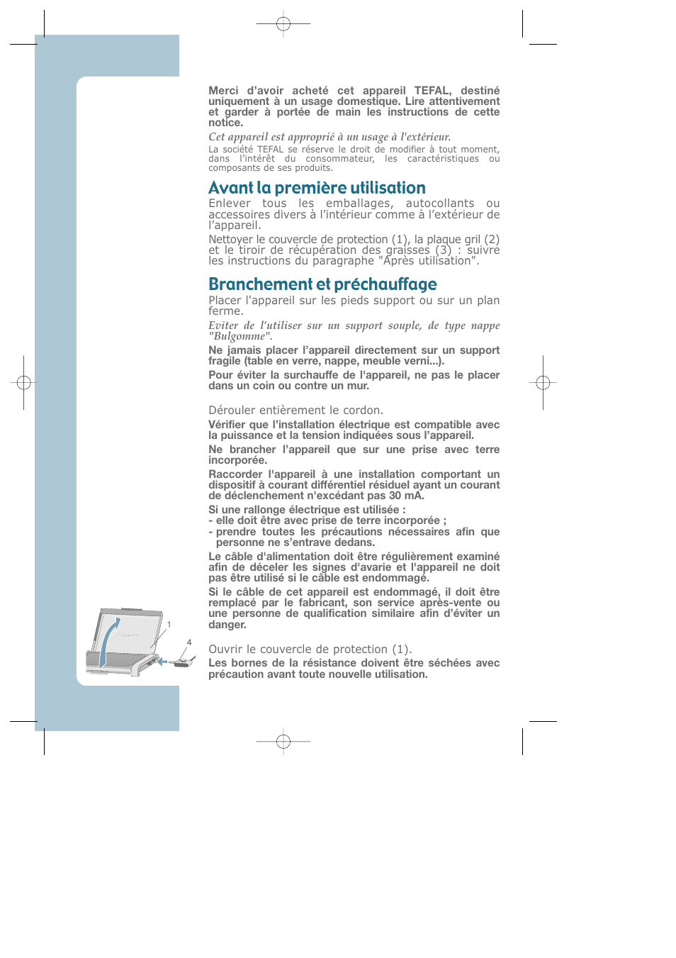 French, Avant la première utilisation, Branchement et préchauffage | Groupe SEB USA - T-FAL Electric Grill CB6010 User Manual | Page 2 / 26