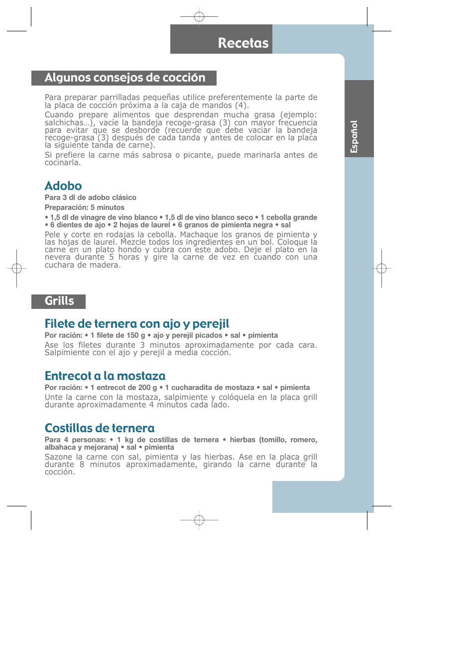 Recetas, Filete de ternera con ajo y perejil, Entrecot a la mostaza | Costillas de ternera, Algunos consejos de cocción, Adobo, Grills | Groupe SEB USA - T-FAL Electric Grill CB6010 User Manual | Page 22 / 26