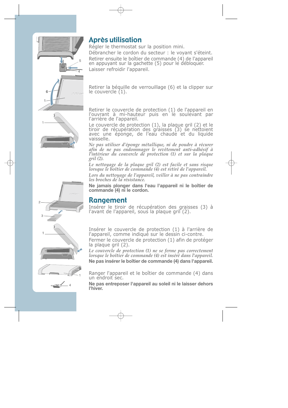 Après utilisation, Rangement | Groupe SEB USA - T-FAL Electric Grill CB6010 User Manual | Page 4 / 26