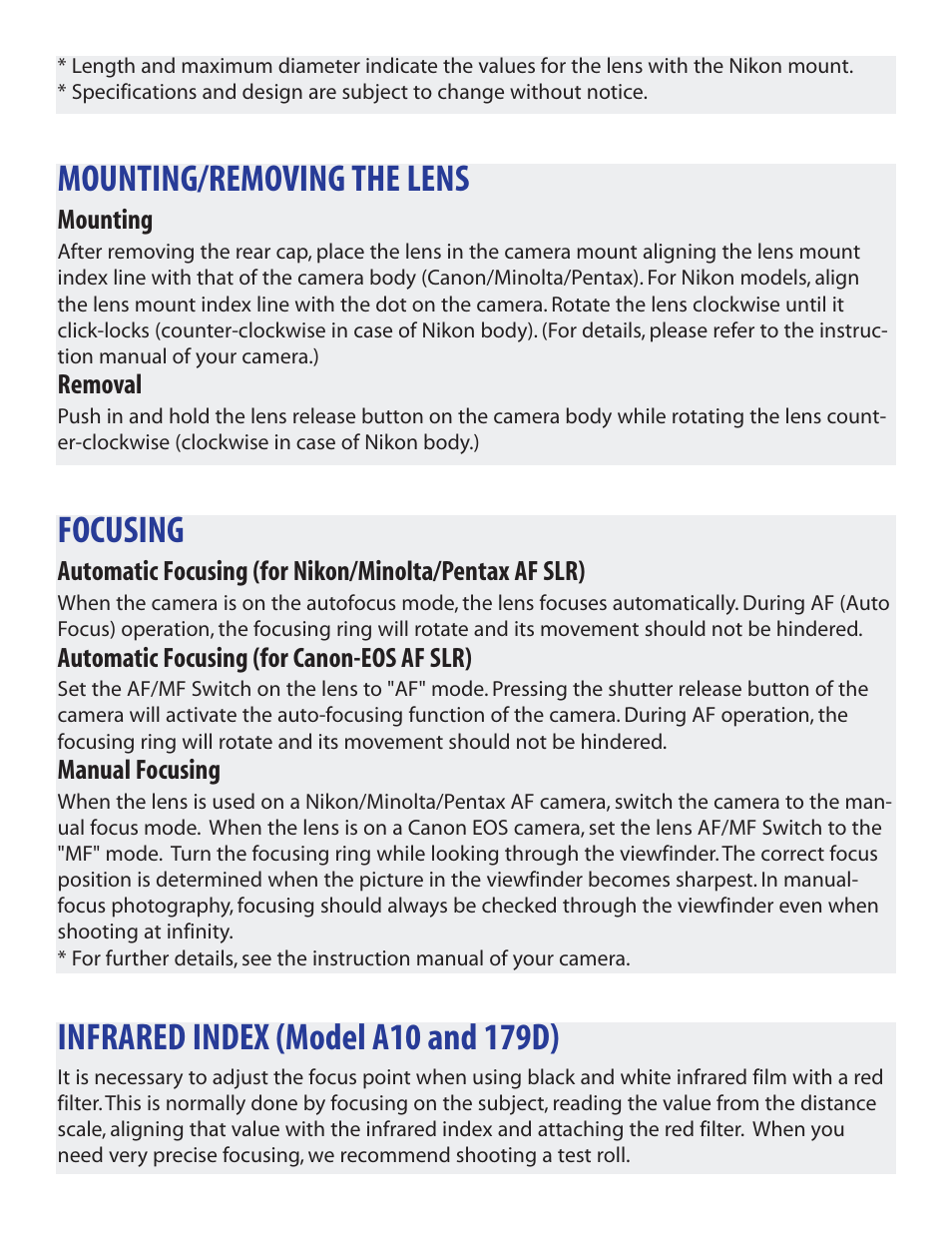 Mounting/removing the lens, Focusing | Tamron 179D User Manual | Page 5 / 8