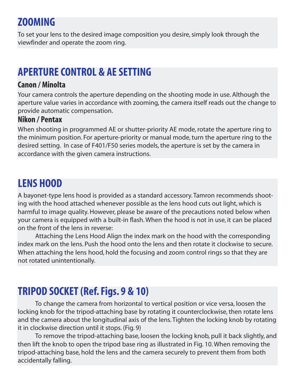 Zooming, Aperture control & ae setting, Lens hood | Tripod socket (ref. figs. 9 & 10) | Tamron 179D User Manual | Page 6 / 8