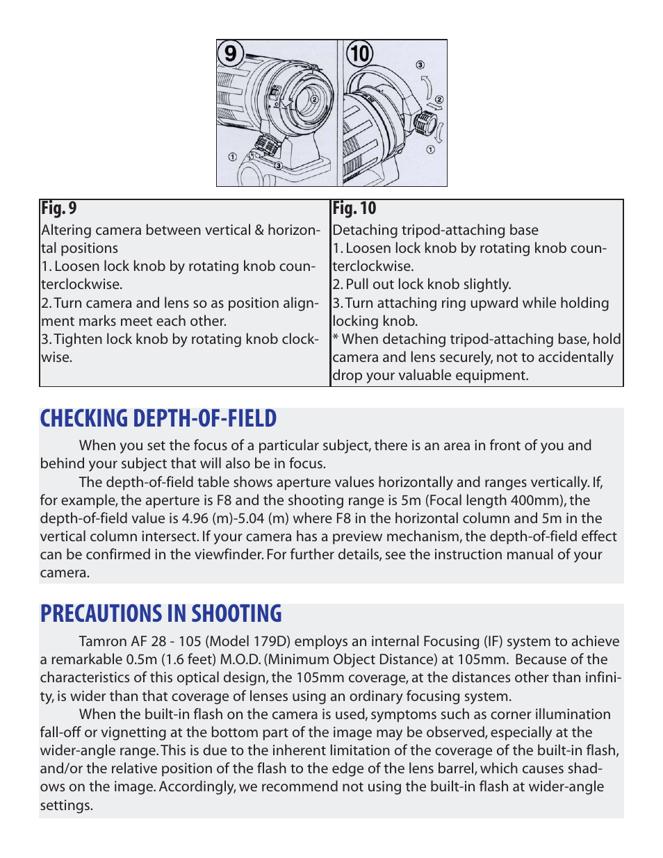 Checking depth-of-field, Precautions in shooting, Fig. 9 | Fig. 10 | Tamron 179D User Manual | Page 7 / 8