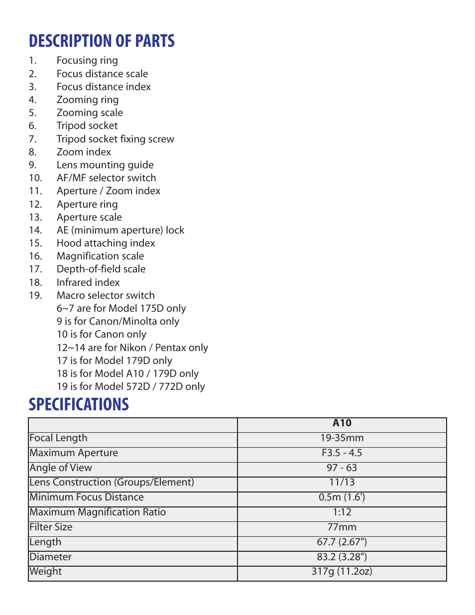 Description of parts, Specifications | Tamron A10 User Manual | Page 4 / 8
