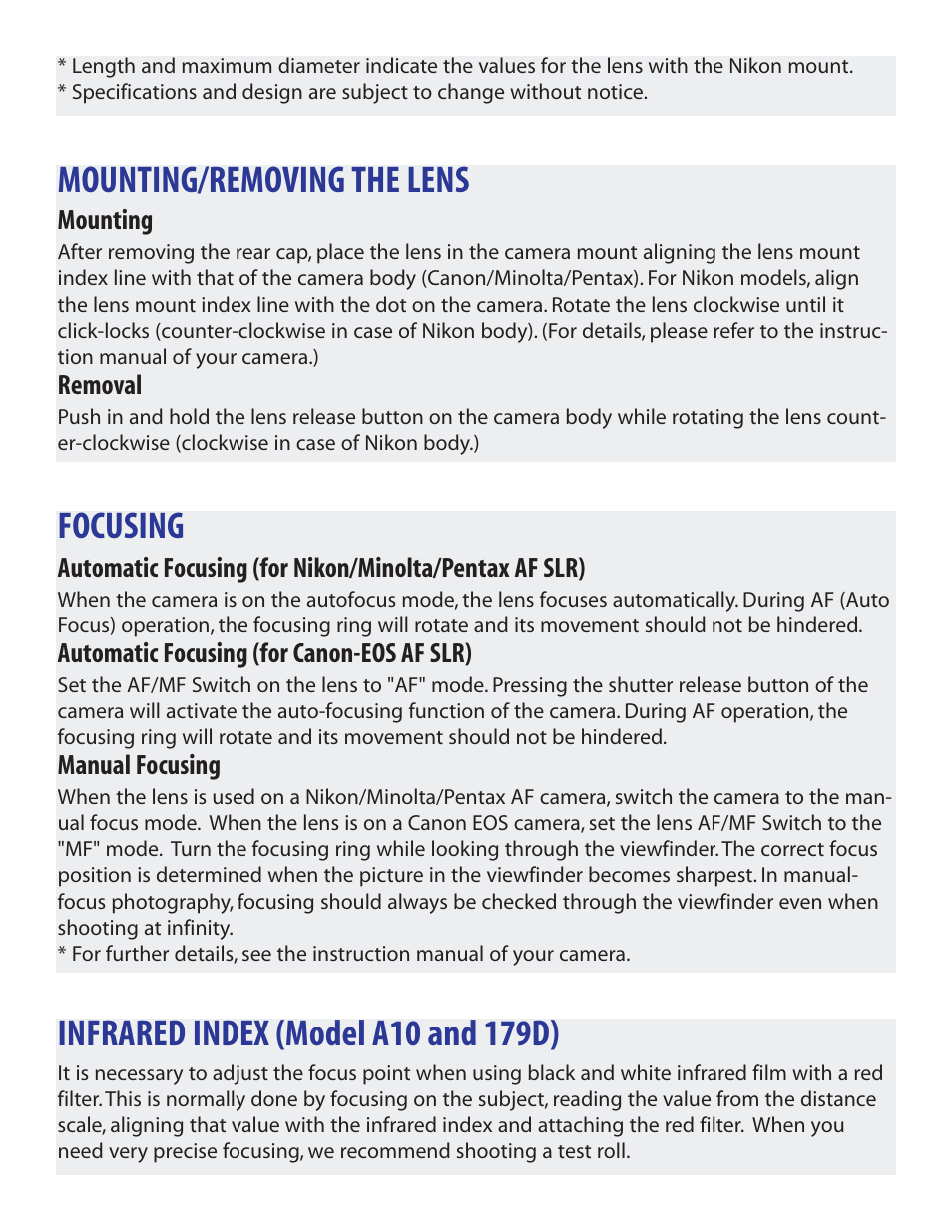 Mounting/removing the lens, Focusing | Tamron A10 User Manual | Page 5 / 8