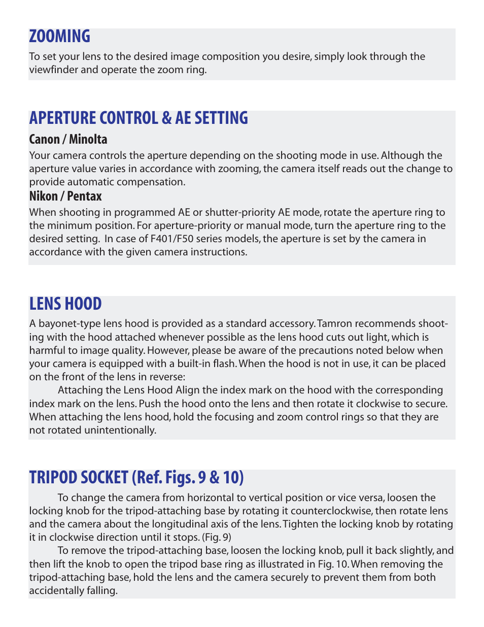 Zooming, Aperture control & ae setting, Lens hood | Tripod socket (ref. figs. 9 & 10) | Tamron A10 User Manual | Page 6 / 8