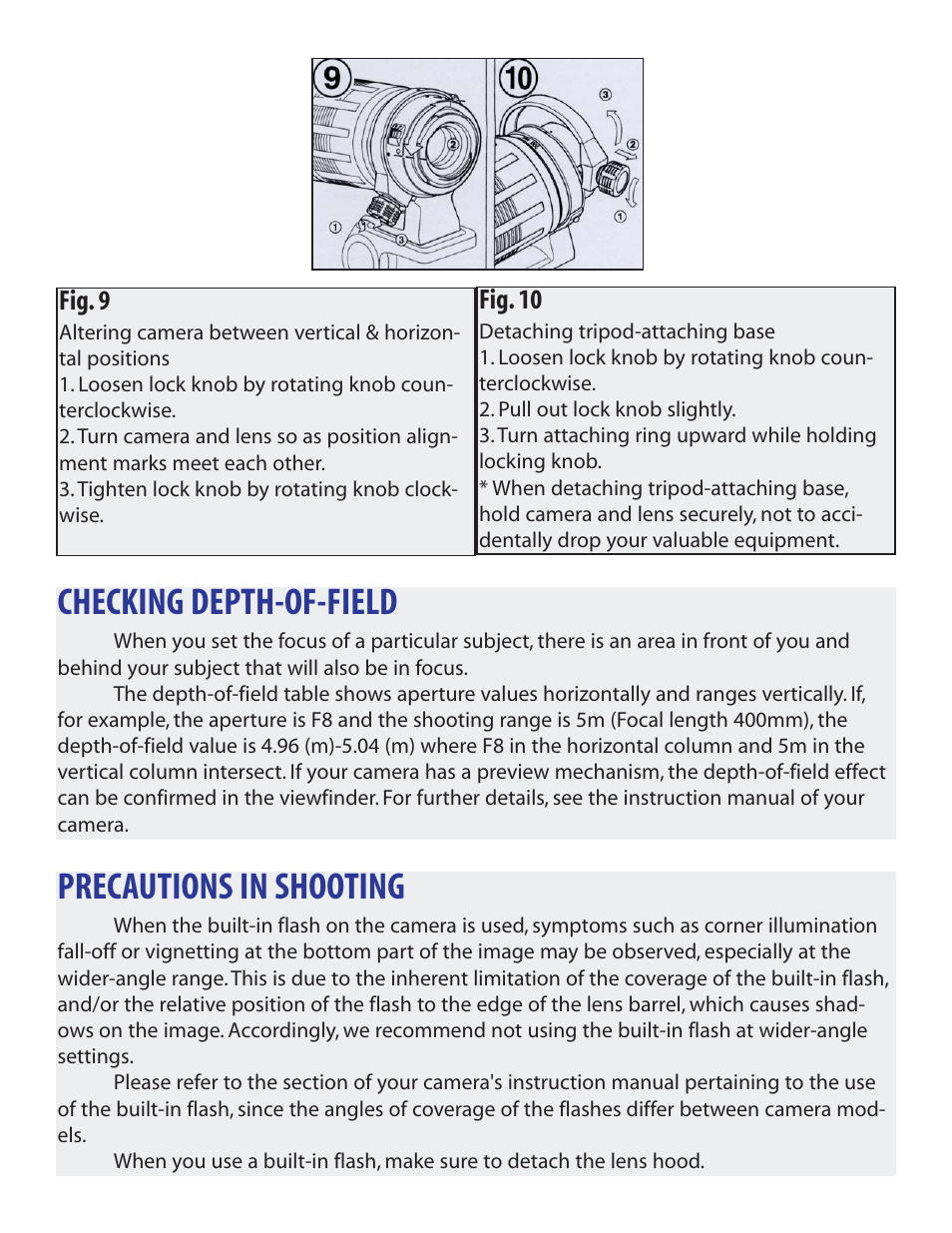 Checking depth-of-field, Precautions in shooting, Fig. 9 | Fig. 10 | Tamron A10 User Manual | Page 7 / 8