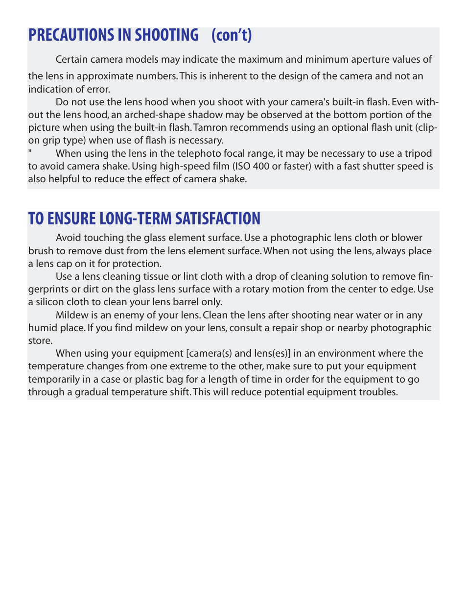 Precautions in shooting (con’t) | Tamron A10 User Manual | Page 8 / 8