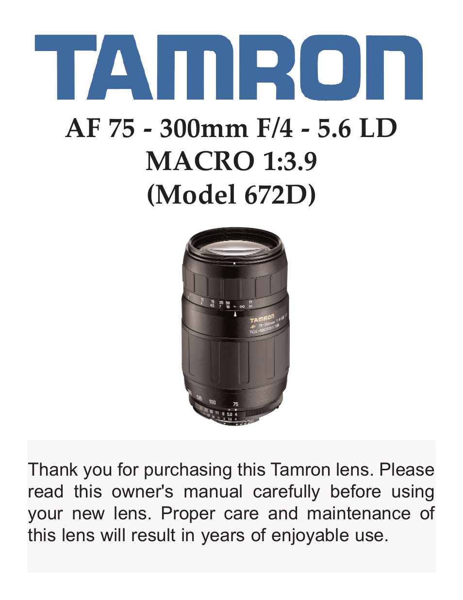Tamron AF 75 - 300MM F/4 - 5.6 LD MACRO 1:3.9 672D User Manual | 8 pages