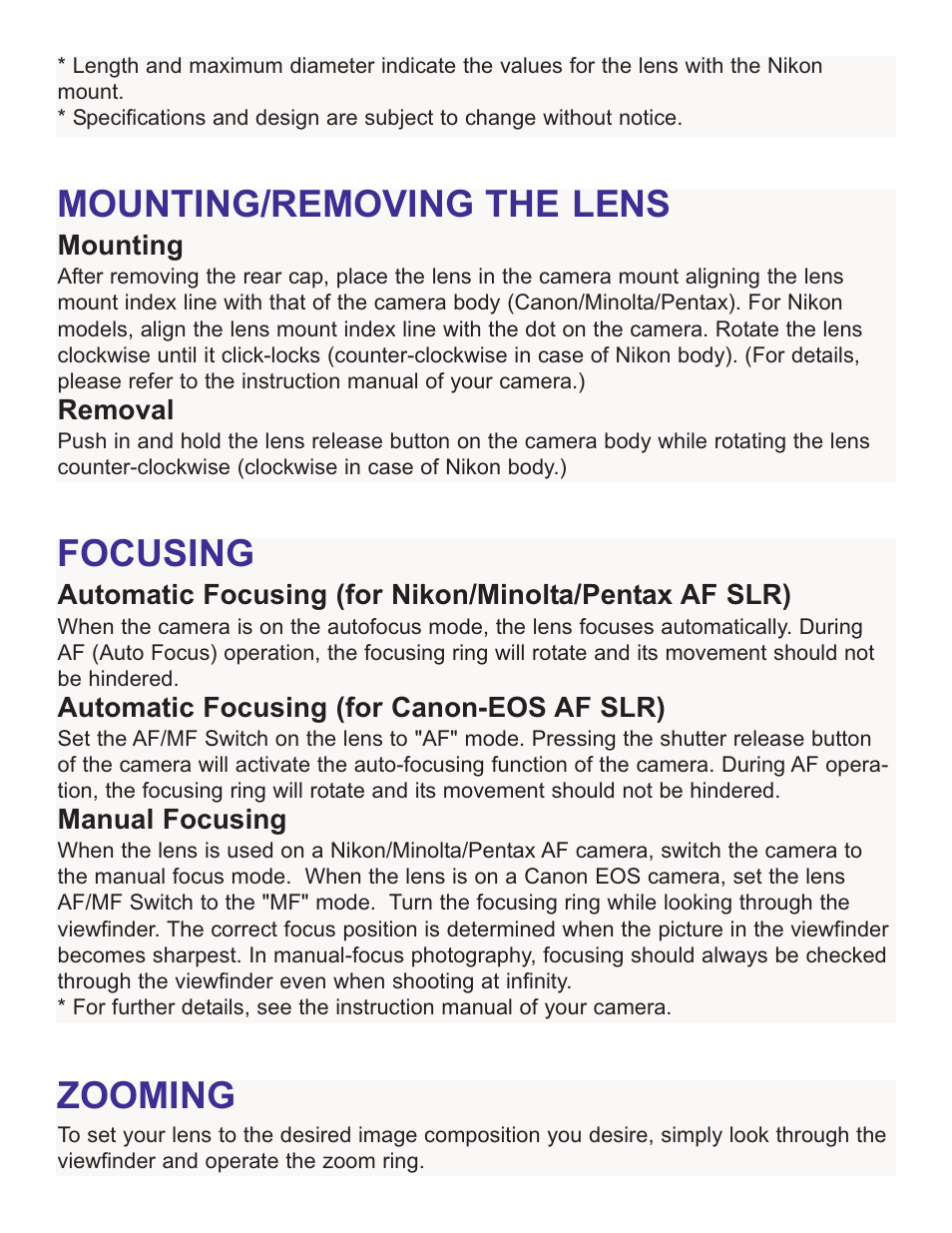 Mounting/removing the lens, Focusing, Zooming | Tamron AF 75 - 300MM F/4 - 5.6 LD MACRO 1:3.9 672D User Manual | Page 5 / 8