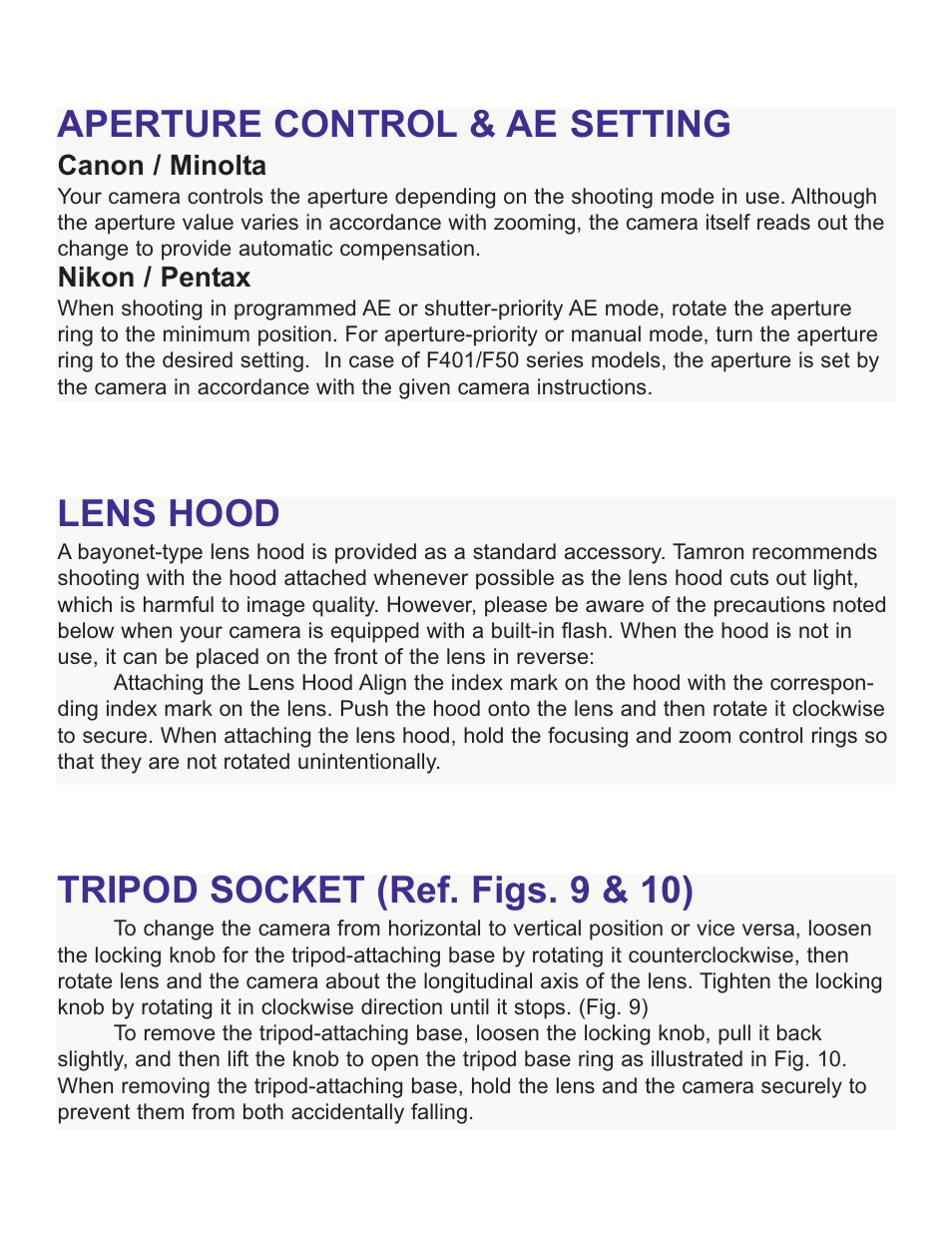 Aperture control & ae setting, Lens hood, Tripod socket (ref. figs. 9 & 10) | Tamron AF 75 - 300MM F/4 - 5.6 LD MACRO 1:3.9 672D User Manual | Page 6 / 8