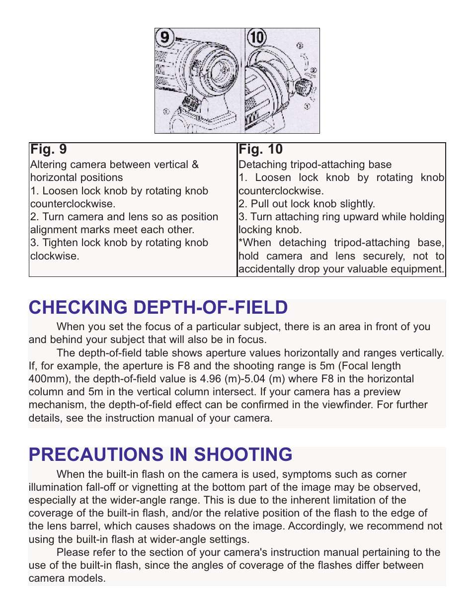 Checking depth-of-field, Precautions in shooting, Fig. 9 | Fig. 10 | Tamron AF 75 - 300MM F/4 - 5.6 LD MACRO 1:3.9 672D User Manual | Page 7 / 8