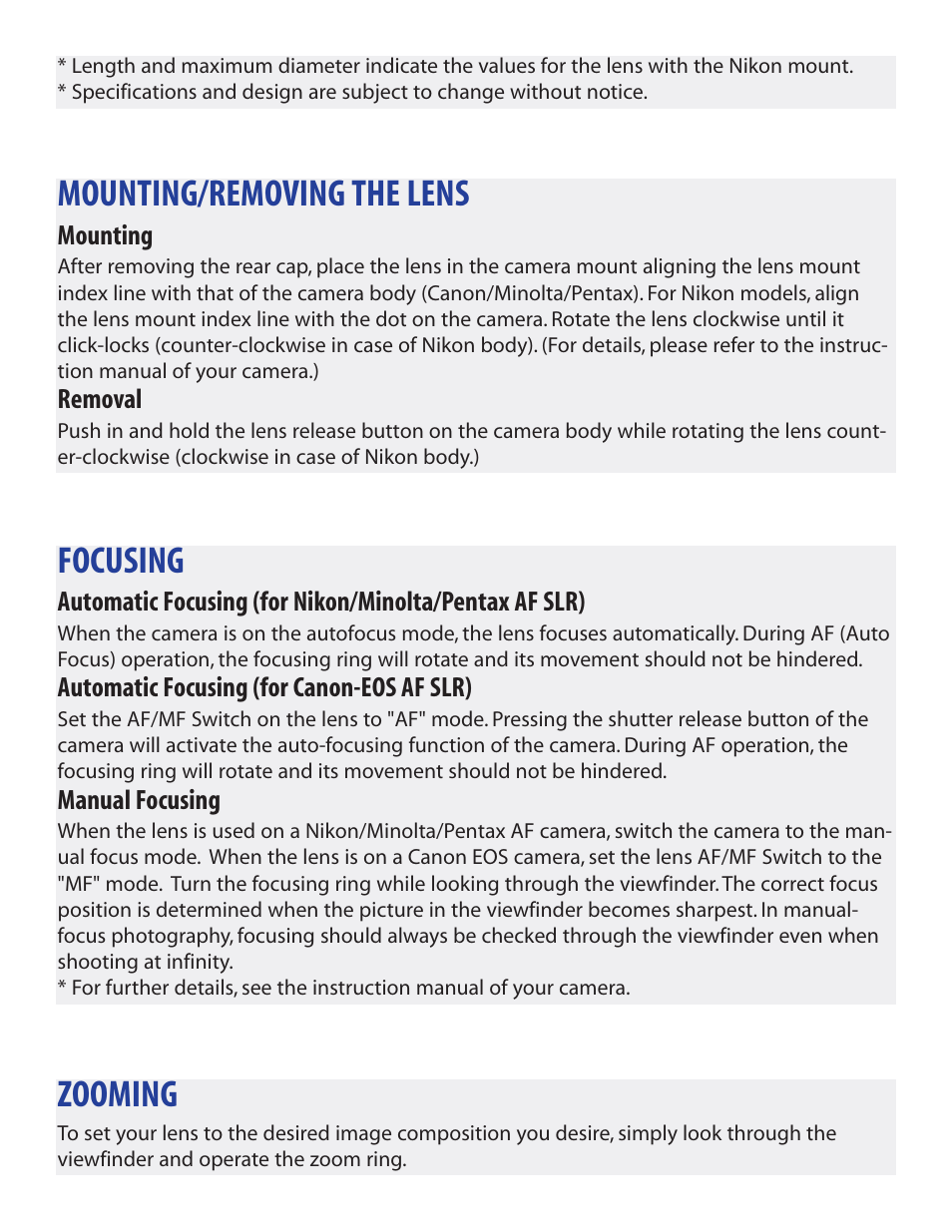 Mounting/removing the lens, Focusing, Zooming | Tamron 672D User Manual | Page 5 / 9