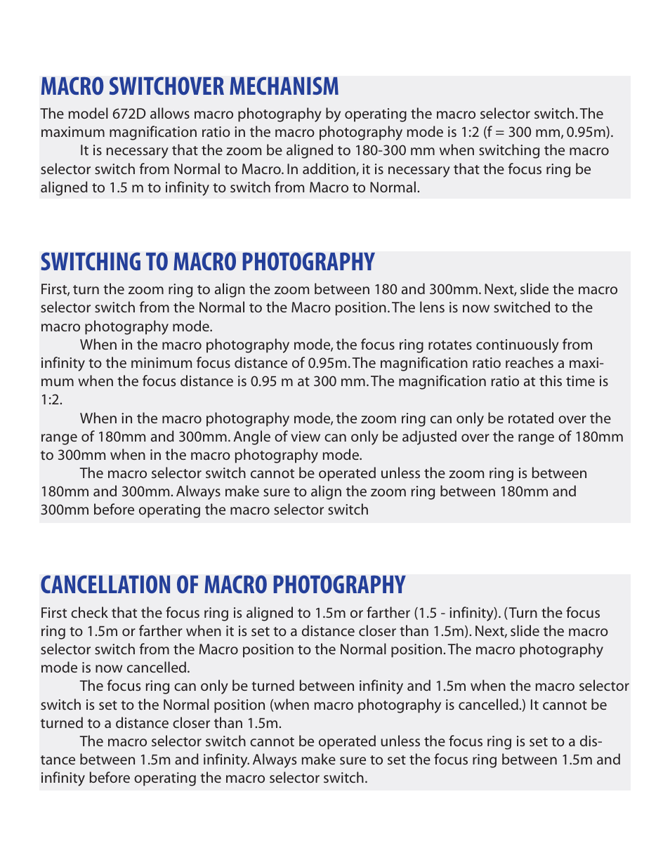 Macro switchover mechanism, Switching to macro photography, Cancellation of macro photography | Tamron 672D User Manual | Page 6 / 9