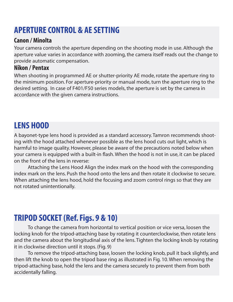 Aperture control & ae setting, Lens hood, Tripod socket (ref. figs. 9 & 10) | Tamron 672D User Manual | Page 7 / 9