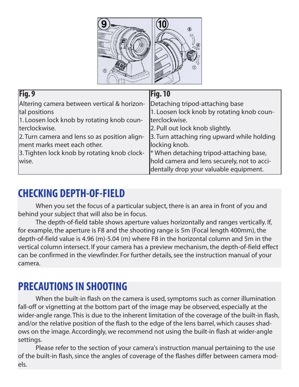 Checking depth-of-field, Precautions in shooting, Fig. 9 | Fig. 10 | Tamron 672D User Manual | Page 8 / 9