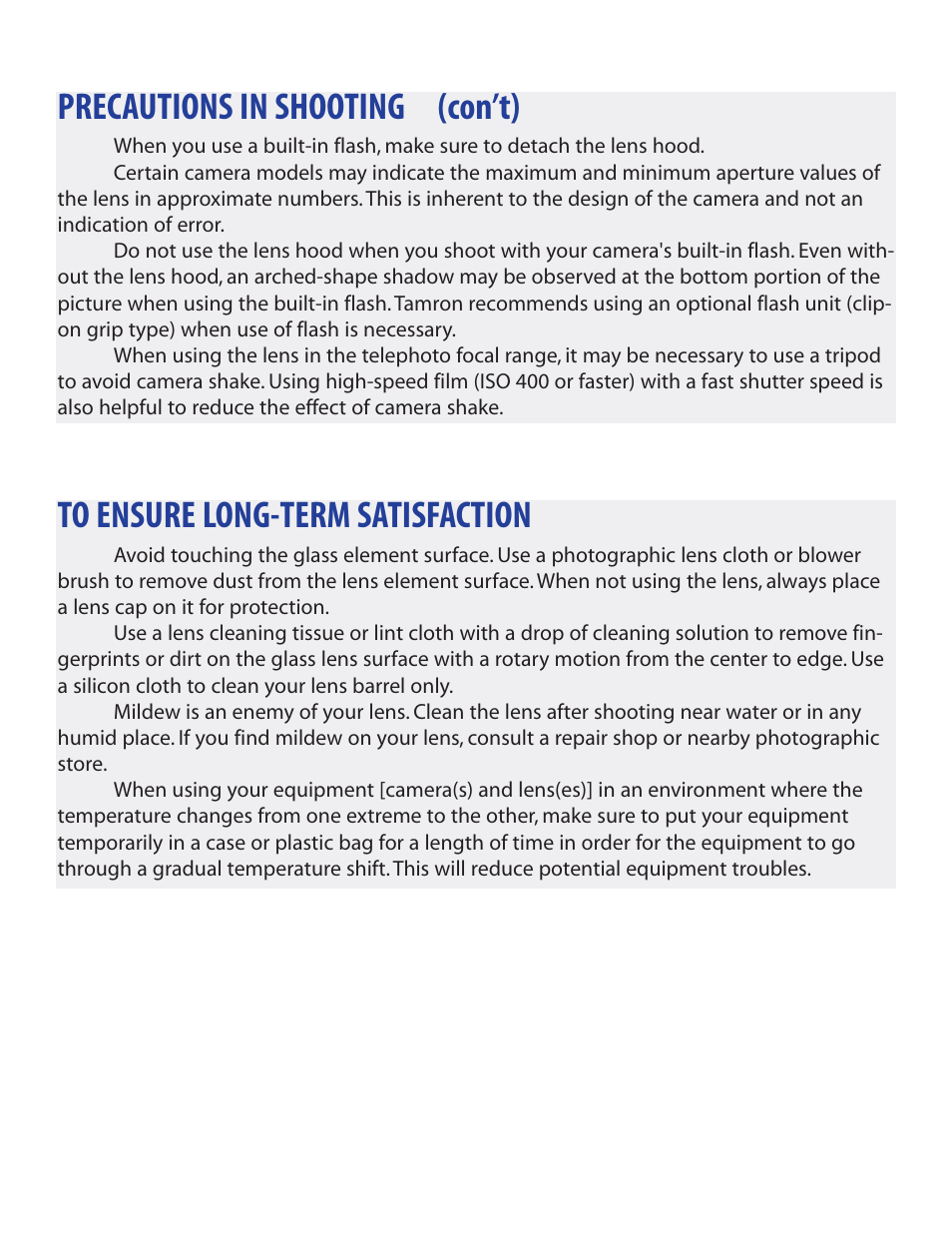 Precautions in shooting (con’t) | Tamron 672D User Manual | Page 9 / 9