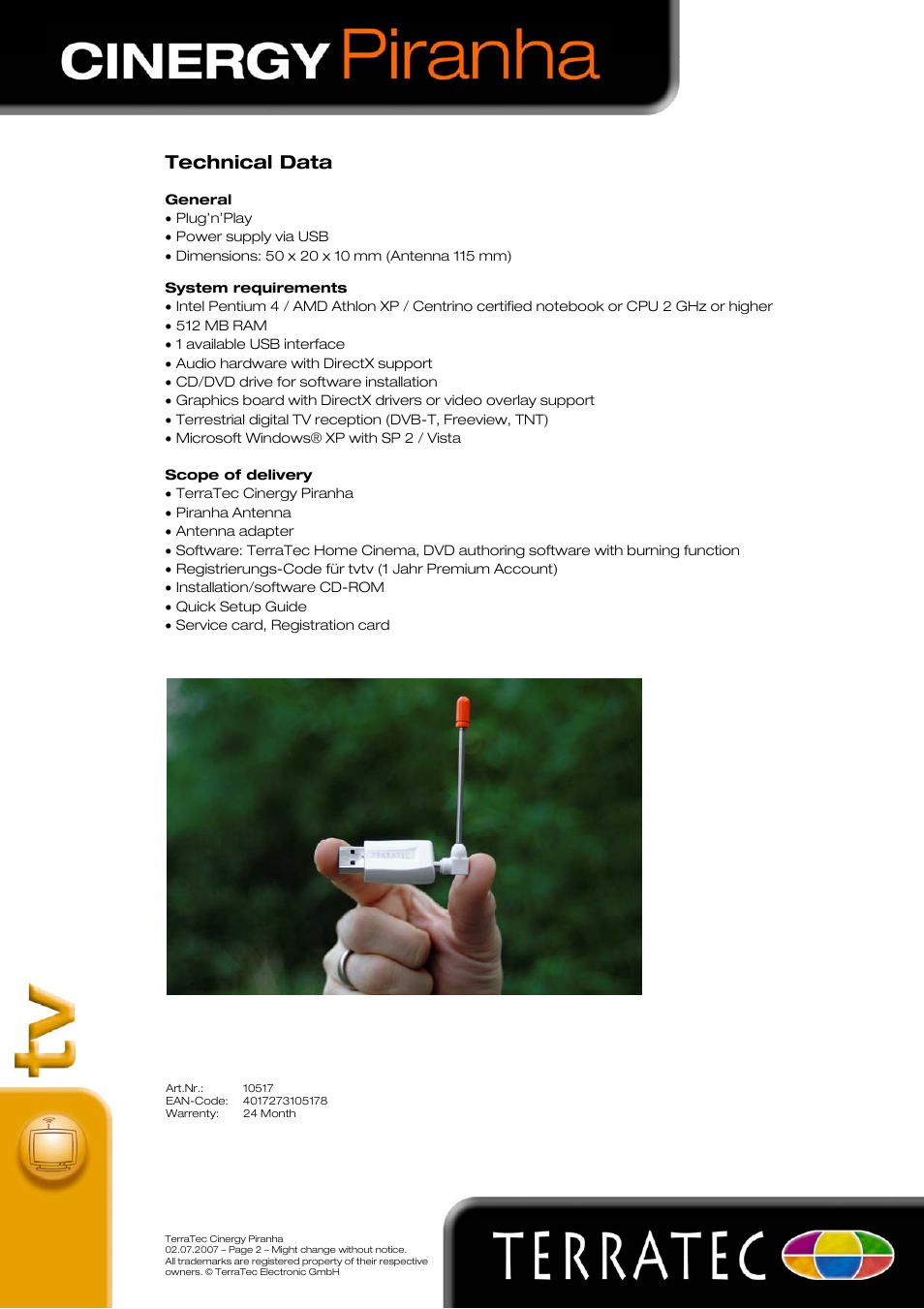 Technical data | TerraTec Cinergy Piranha USB TV-Tuner User Manual | Page 2 / 2