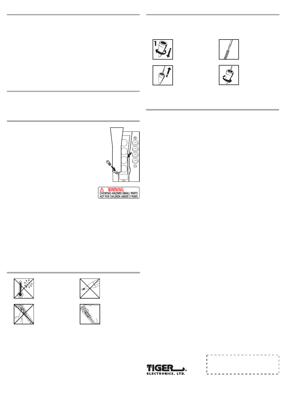 Caution/defect or damage, Hints for victory, Bonus sfx | Inserting the batteries, Day limited warranty, Replacement ink cartridges | Tiger 88-509 User Manual | Page 2 / 2