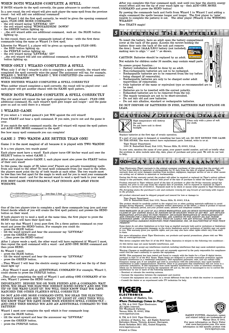 Inserting the batteries, Caution / deffect or demage, Day limited warranty | Tiger Magic Spell Challenge 36283 User Manual | Page 2 / 2