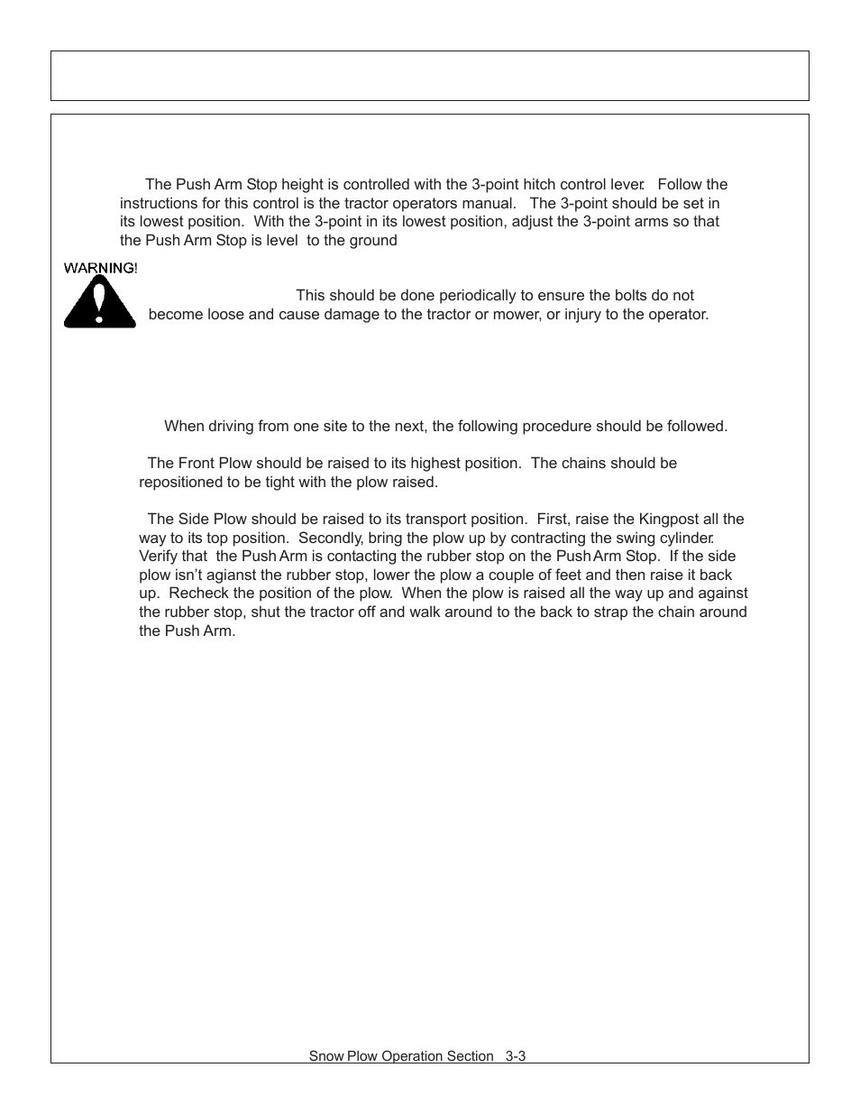 Operation, Push arm stop position transporting plows | Tiger JD 62-6430 User Manual | Page 31 / 58