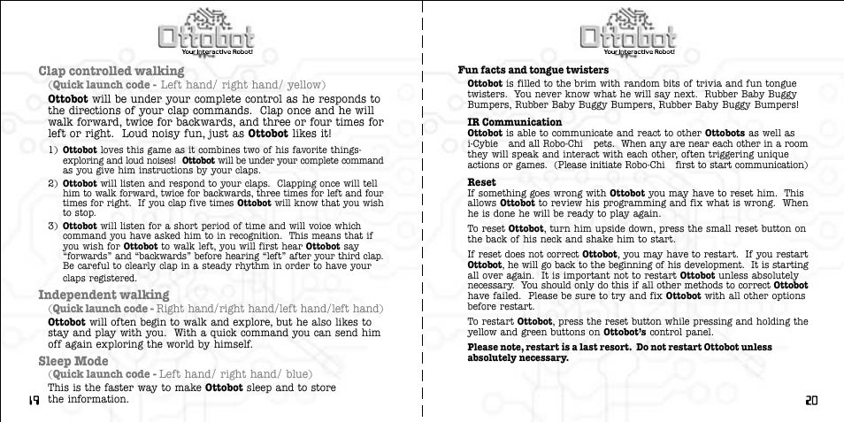 Clap controlled walking, Independent walking, Sleep mode | Tiger OttoBot PMS280C User Manual | Page 11 / 12