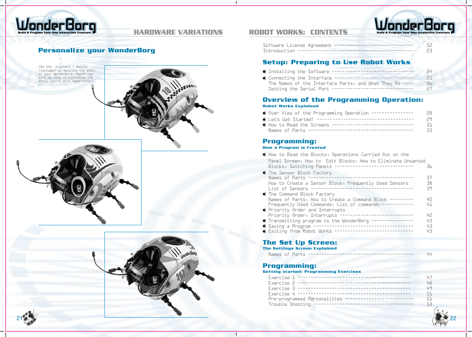 Hardware variations robot works: contents, Personalize your wonderborg, Setup: preparing to use robot works | Overview of the programming operation, Programming, The set up screen | Tiger WonderBorg 70709 User Manual | Page 12 / 30