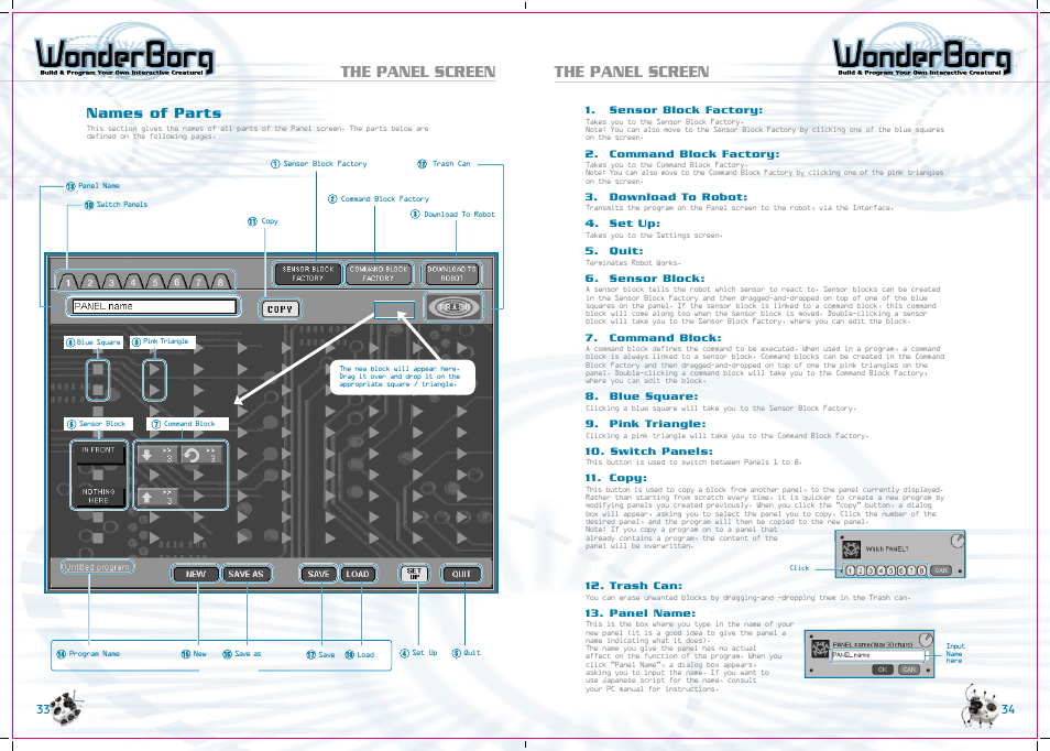 The panel screen, Names of parts | Tiger WonderBorg 70709 User Manual | Page 18 / 30