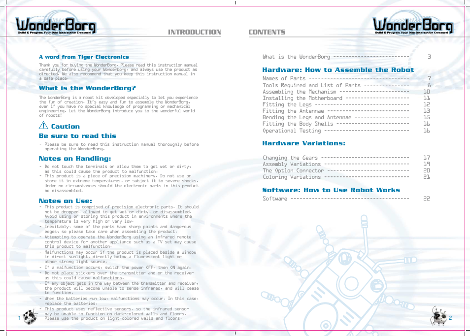 Introduction contents, Hardware: how to assemble the robot, Hardware variations | Software: how to use robot works, What is the wonderborg, Caution be sure to read this | Tiger WonderBorg 70709 User Manual | Page 2 / 30