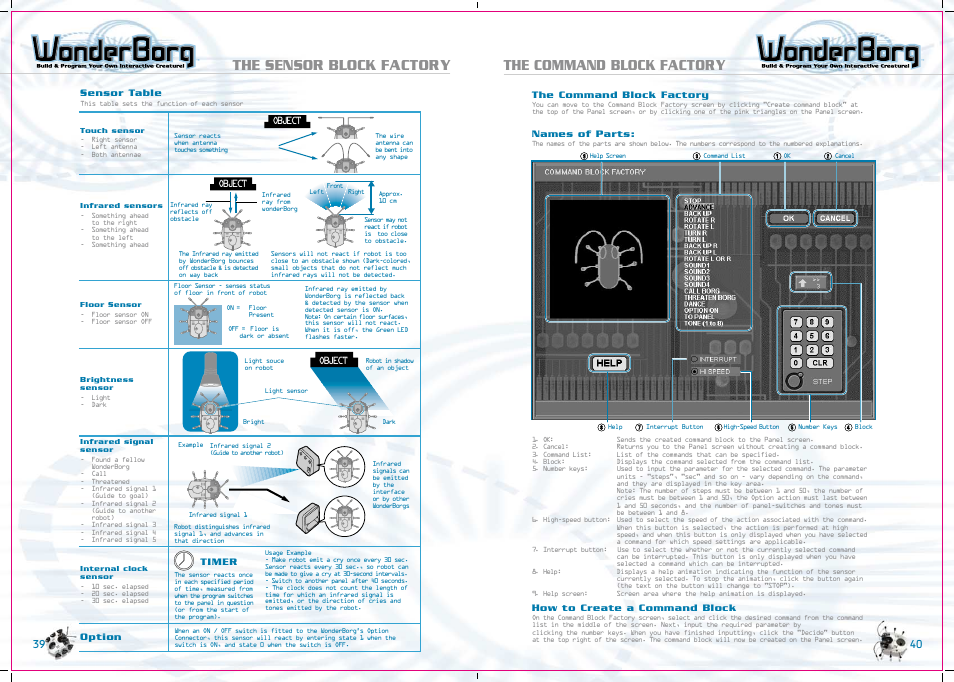 The sensor block factory the command block factory, Sensor table, Option | Timer the command block factory, Names of parts, How to create a command block | Tiger WonderBorg 70709 User Manual | Page 21 / 30