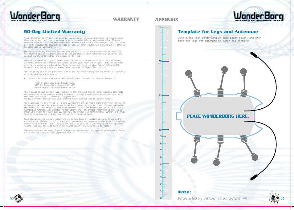 Warranty, Place wonderborg here. appendix, Day limited warranty | Template for legs and antennae | Tiger WonderBorg 70709 User Manual | Page 29 / 30