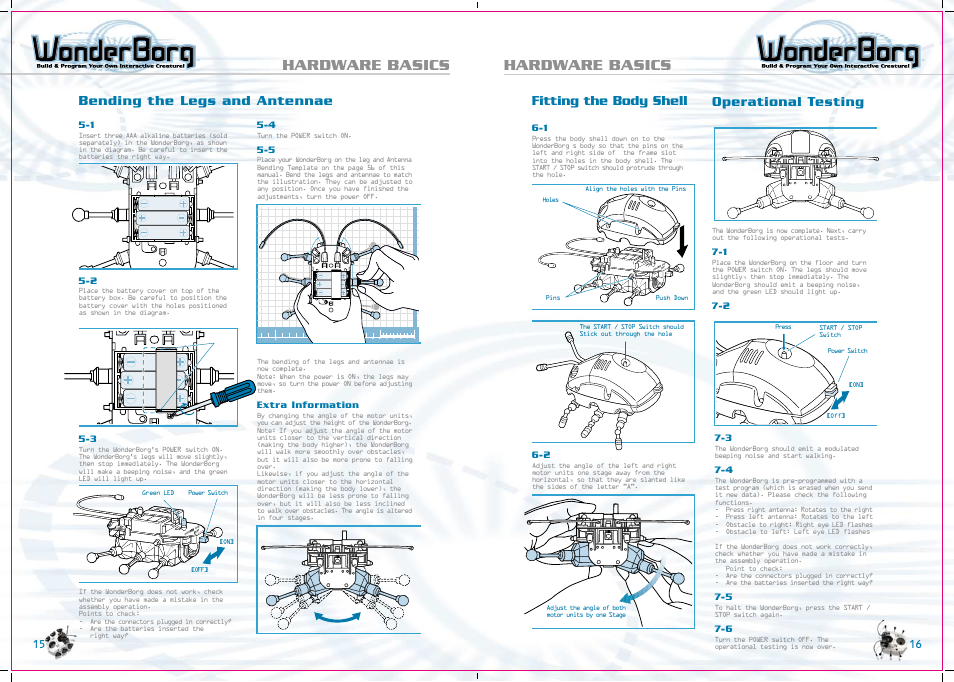 Hardware basics, Bending the legs and antennae, Fitting the body shell operational testing | Tiger WonderBorg 70709 User Manual | Page 9 / 30