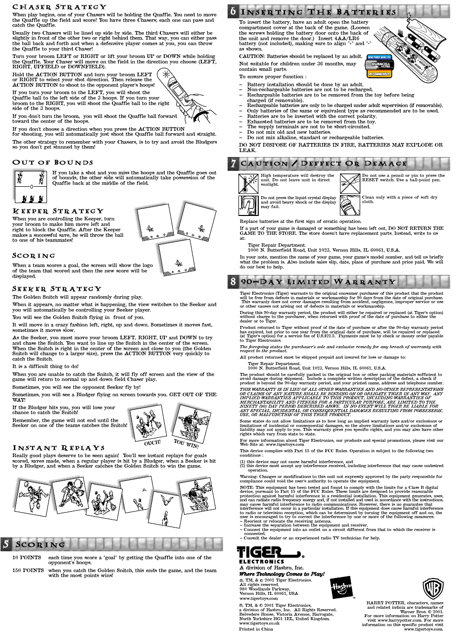 Inserting the batteries, Caution / deffect or demage, Day limited warranty | Chaser strategy, Out of bounds, Keeper strategy, Scoring, Seeker strategy, Instant replays | Tiger Electronic Quidditch Game 36289 User Manual | Page 2 / 2