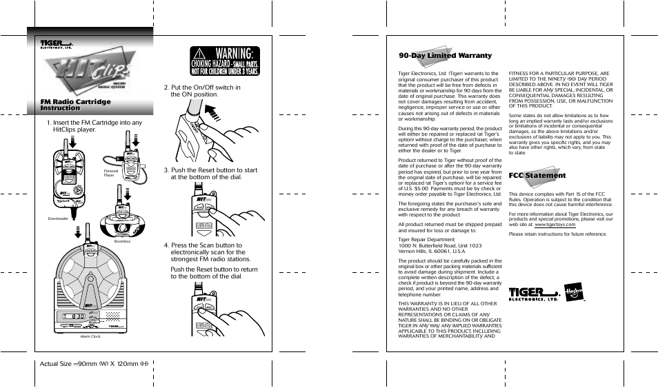 Front back, Small parts. not for children under 3 years | Tiger Hitclips FM Radio Cartridge 59610 User Manual | Page 2 / 2