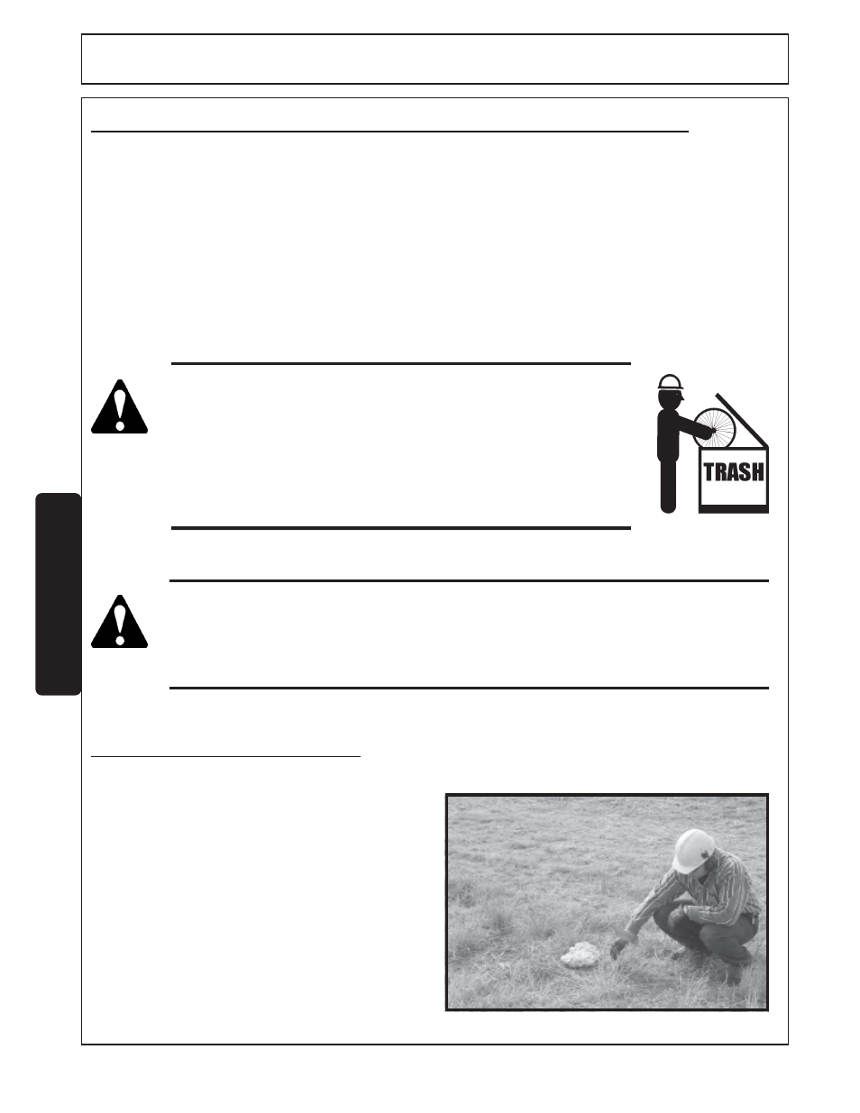 Operation, Operating the tractor,flex arm, and mower, 1 foreign debris hazards | Tiger FLX15 User Manual | Page 72 / 100